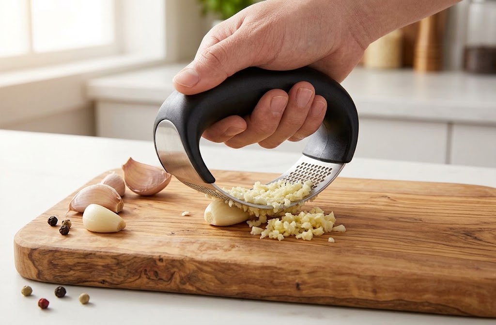 Garlic Press Crusher | Works with Unpeeled Cloves | Comfortable Grip | 60g and 65g | Syncrois