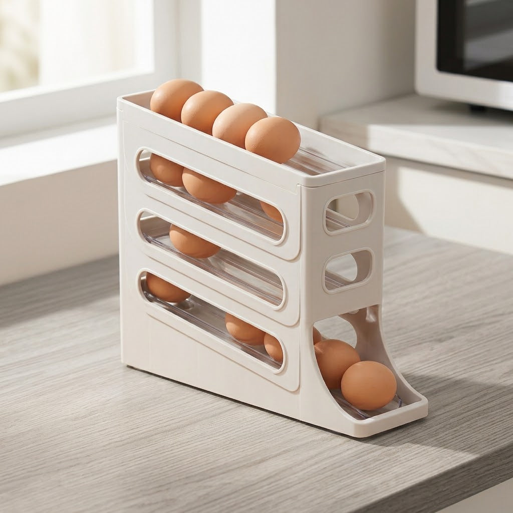4 Layer Rolling Egg Dispenser | Space Saving Fridge Egg Rack | Gray and White | Syncrois