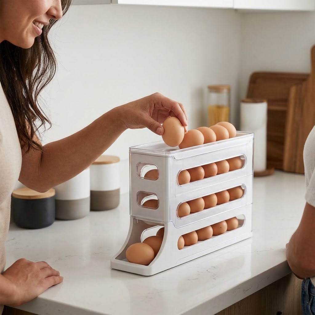 4 Layer Rolling Egg Dispenser | Space Saving Fridge Egg Rack | Gray and White | Syncrois