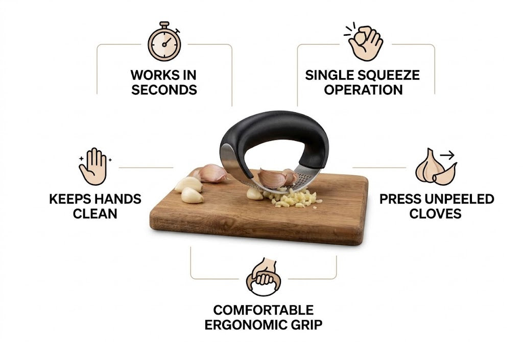 Garlic Press Crusher | Works with Unpeeled Cloves | Comfortable Grip | 60g and 65g | Syncrois