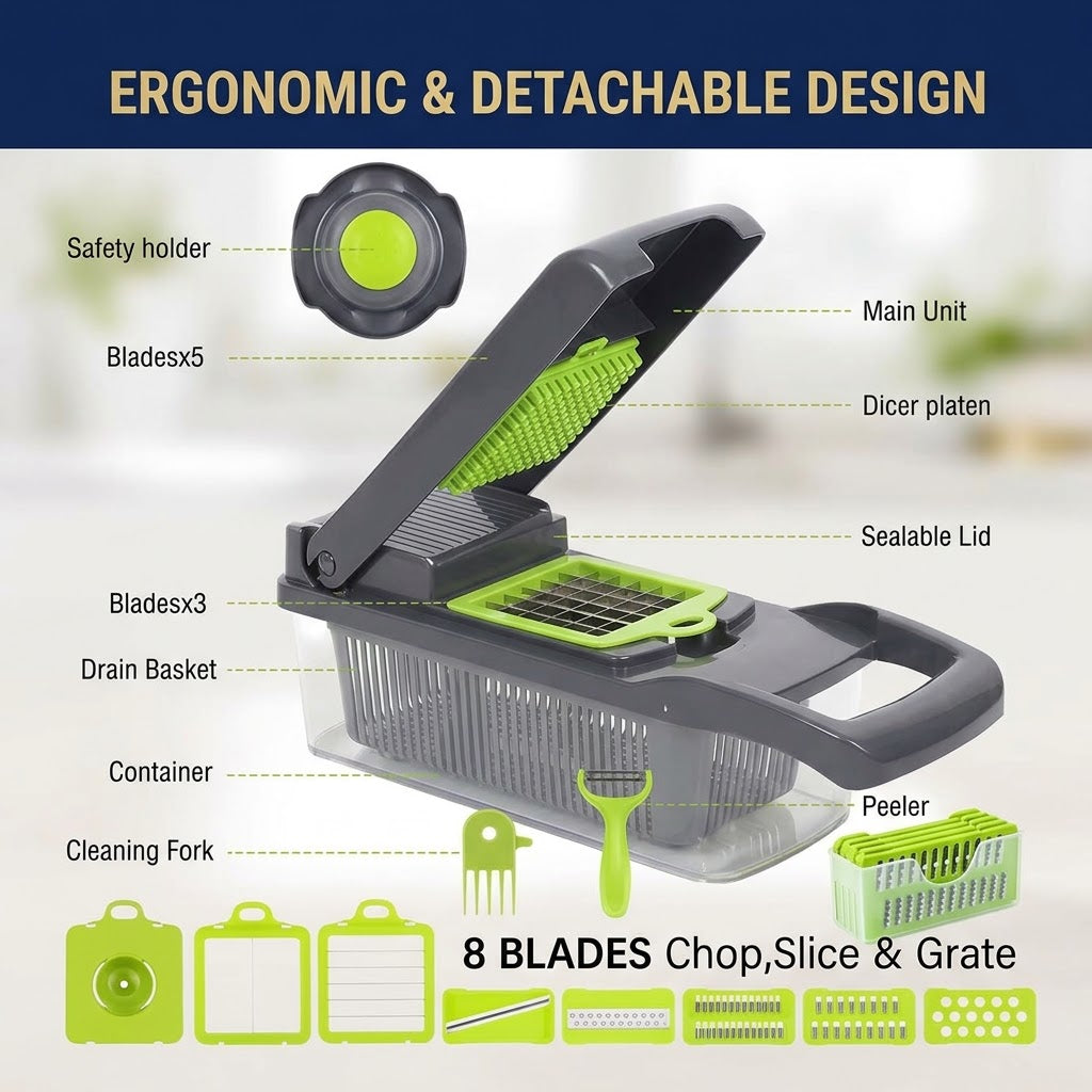 16 in 1 Vegetable Chopper | Stainless Steel Interchangeable Blades | Anti-Slip | Manual Food Chopper | Home-X | Syncrois