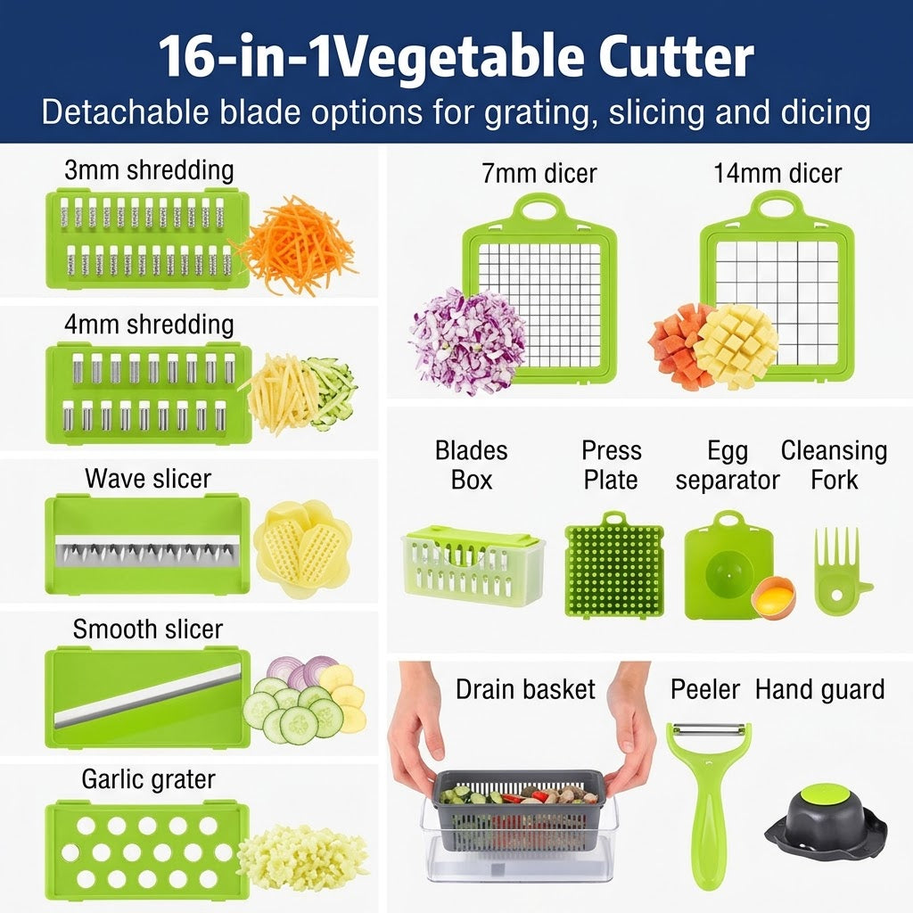 16 in 1 Vegetable Chopper | Stainless Steel Interchangeable Blades | Anti-Slip | Manual Food Chopper | Home-X | Syncrois