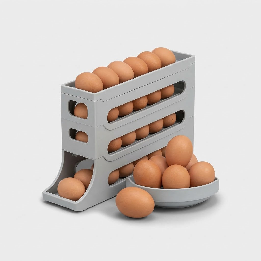 4 Layer Rolling Egg Dispenser | Space Saving Fridge Egg Rack | Gray and White | Syncrois