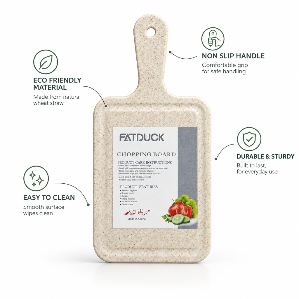 FATDUCK chopping board studio shot with clean benefit callouts
