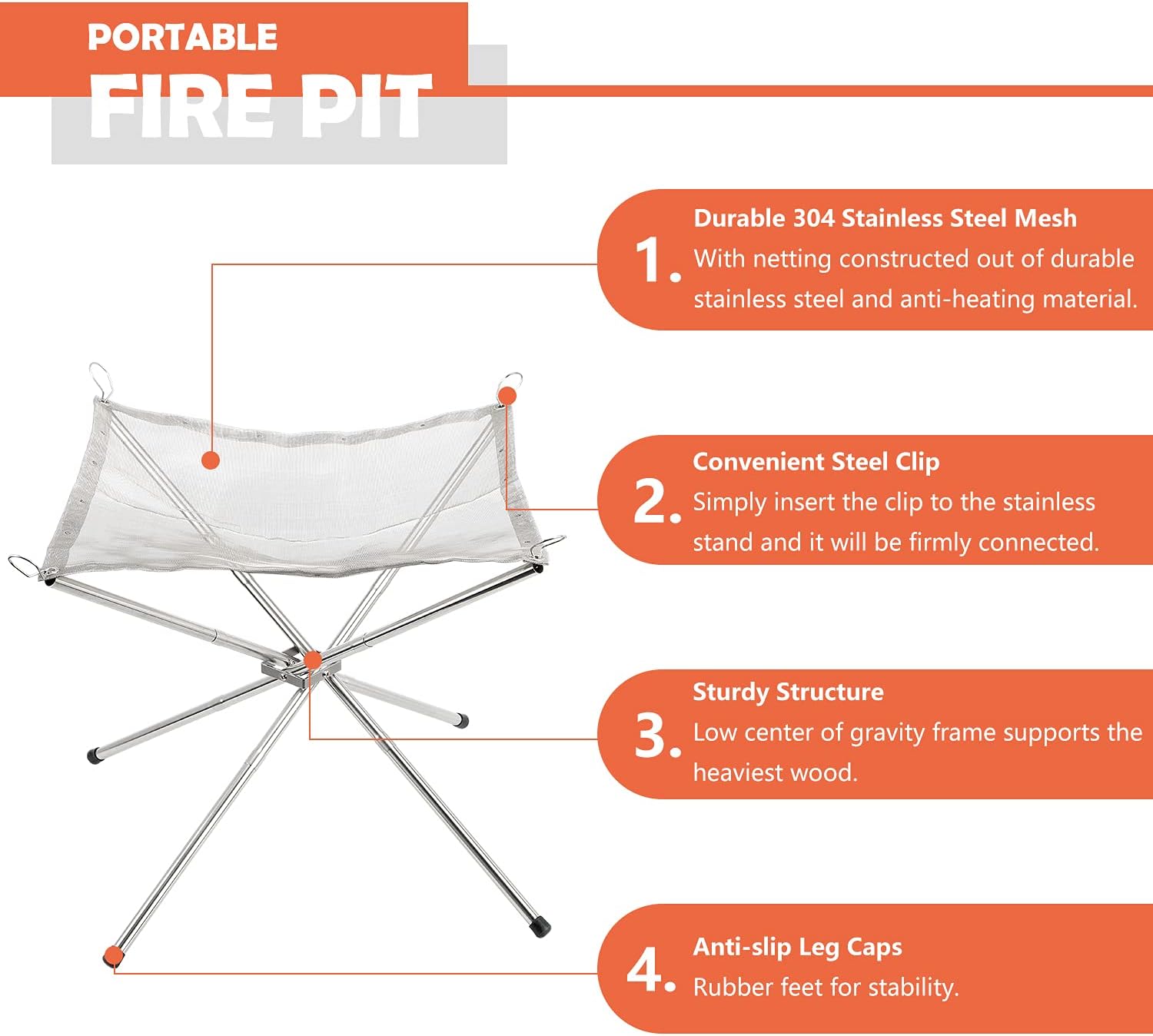 Portable Fire Pit 42x42x34cm | Foldable Stainless Steel Outdoor Fire Pit
