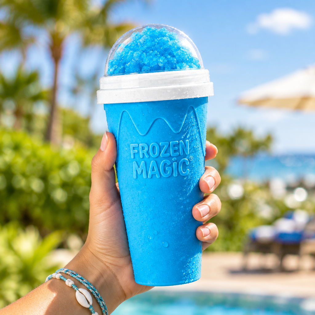 Slushie cup lifestyle photo held outdoors
